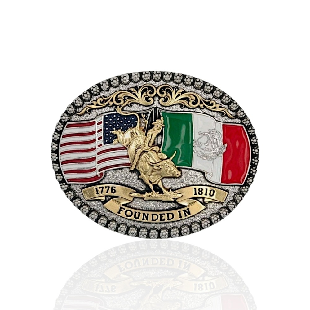 Montana Silversmiths Bull Rider USA & Mexico Flag Belt Buckle NEW NWT